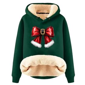 Generisch Zarif Noel Kapüşonlu Tarzı Boş Zaman Polar Model Noel Baskılı Kış Uzun Kollu Gündelik Yeşil Kadın Sweatshirt