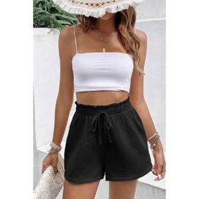 Ghassy Co Cotton Siyah Kadın Müslin Cepsiz Beli Bağcıklı Şort