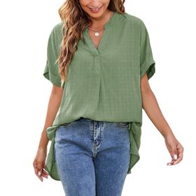 Gibz Babydoll Fasulye Yeşili V Yaka Kısa Kollu Bol Kesim Kadın T-shirt