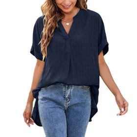 Gibz Babydoll Lacivert Mavi V Yaka Kısa Kollu Bol Kesim Kadın T-shirt