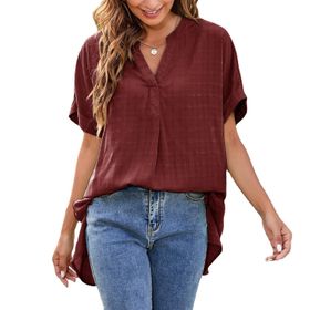 Gibz Babydoll Wine Red V Yaka Kısa Kollu Bol Kesim Kadın T-shirt