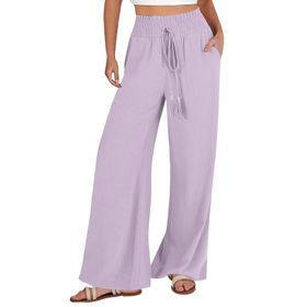 Gibz Palazzo Mor Light Purple Rahat Gevşek Uzun Bel Dökümlü Kadın Keten Pantolon