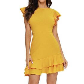 Gibz Wrap Swing Flowy Sarı Fırfırlı Yazlık Mini Kadın Elbise