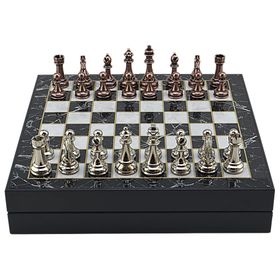 Gift Home Büyük Boy Metal Klasik 36x36 cm Satranç Takımı Antik ve Mermer Desenli Sandıklı Mdf Tahtası