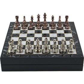 Gift Home Büyük Boy Metal Klasik 36x36 cm Satranç Takımı Antik ve Mermer Desenli Sandıklı Mdf Tahtası