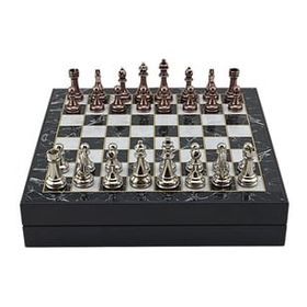 Gift Home Büyük Boy Metal Klasik 36x36 cm Satranç Takımı Antik ve Mermer Desenli Sandıklı Mdf Tahtası