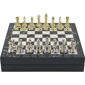 Gift Home Büyük Boy Metal Klasik 36x36x6 cm Satranç Takımı Parlak ve Mermer Desenli Sandıklı MDF Tahtası