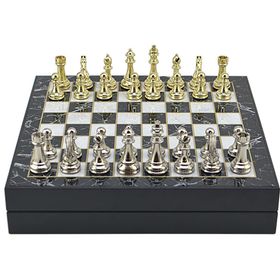 Gift Home Büyük Boy Metal Klasik 36x36x6 cm Satranç Takımı Parlak ve Mermer Desenli Sandıklı MDF Tahtası