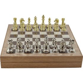 Gift Home Metal Klasik 36x36x6 cm Satranç Takımı Parlak ve Rustik Desenli MDF Sandıklı Satranç Tahtası