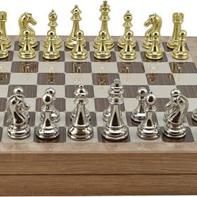 Gift Home Metal Klasik 36x36x6 cm Satranç Takımı Parlak ve Rustik Desenli MDF Sandıklı Satranç Tahtası