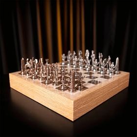 Gift Home Metal Mısır 36x36x6 cm Satranç Takımı Antik ve Rustik Ceviz Desenli MDF Sandıklı Satranç Tahtası