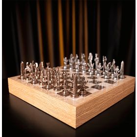 Gift Home Metal Mısır 36x36x6 cm Satranç Takımı Antik ve Rustik Ceviz Desenli MDF Sandıklı Satranç Tahtası