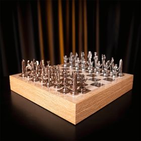 Gift Home Metal Mısır 36x36x6 cm Satranç Takımı Antik ve Rustik Ceviz Desenli MDF Sandıklı Satranç Tahtası