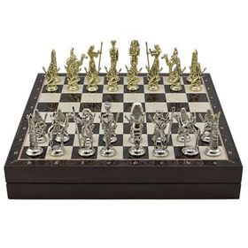 Gift Home Metal Mısır 36x36x6 cm Satranç Takımı Parlak ve Ceviz Desenli MDF Sandıklı Satranç Tahtası