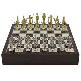 Gift Home Metal Mısır 36x36x6 cm Satranç Takımı Parlak ve Ceviz Desenli MDF Sandıklı Satranç Tahtası