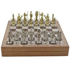 Gift Home Metal Mısır 36x36x6 cm Satranç Takımı Parlak ve Rustik Desenli MDF Sandıklı Satranç Tahtası