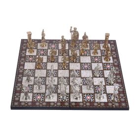Gift Home Metal Satranç Takımı Battal Boy Roma Figürlü Parlak Satranç Taşı ve MDF Katlanır Sedef Desenli Satranç Tahtası