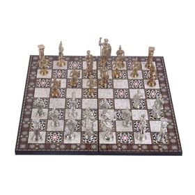 Gift Home Metal Satranç Takımı Battal Boy Roma Figürlü Parlak Satranç Taşı ve MDF Katlanır Sedef Desenli Satranç Tahtası