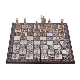 Gift Home Metal Satranç Takımı Battal Boy Roma Figürlü Parlak Satranç Taşı ve MDF Katlanır Sedef Desenli Satranç Tahtası