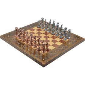Gift Home Metal Satranç Takımı Battal İngiliz Antik Sedefli Gül Düz Masif Satranç Tahtası