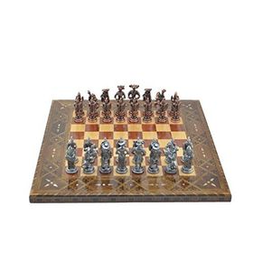 Gift Home Metal Satranç Takımı Battal İspanyol Antik ve Sedefli Gül Düz Masif Satranç Tahtası