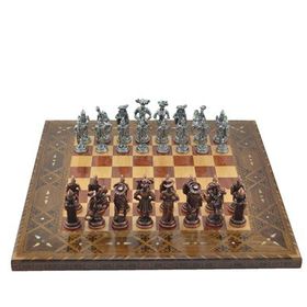 Gift Home Metal Satranç Takımı Battal İspanyol Antik ve Sedefli Gül Düz Masif Satranç Tahtası