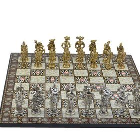 Gift Home Metal Satranç Takımı Battal İspanyol Parlak Sedef Desenli Satranç Tahtası
