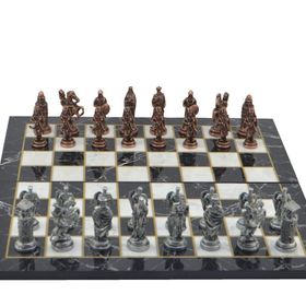 Gift Home Metal Satranç Takımı Battal Osmanlı-Bizans Antik Kat Mermer Desenli Satranç Tahtası