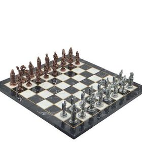Gift Home Metal Satranç Takımı Battal Osmanlı-Bizans Antik Kat Mermer Desenli Satranç Tahtası