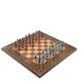Gift Home Metal Satranç Takımı Battal Osmanlı-Bizans Antik Sedef Gül Düz Masif Satranç Tahtası