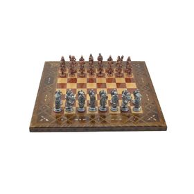 Gift Home Metal Satranç Takımı Battal Osmanlı-Bizans Antik Sedef Gül Düz Masif Satranç Tahtası