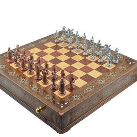 Gift Home Metal Satranç Takımı Battal Osmanlı-Bizans Antik Sedefli Ceviz Çekmeceli Satranç Tahtası
