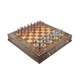 Gift Home Metal Satranç Takımı Battal Osmanlı-Bizans Antik Sedefli Ceviz Çekmeceli Satranç Tahtası