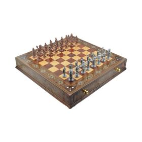 Gift Home Metal Satranç Takımı Battal Osmanlı-Bizans Antik Sedefli Ceviz Çekmeceli Satranç Tahtası
