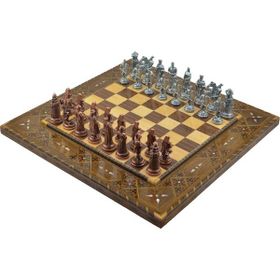 Gift Home Metal Satranç Takımı Battal Osmanlı-Bizans Antik Sedefli Düz Masif Satranç Tahtası