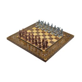 Gift Home Metal Satranç Takımı Battal Osmanlı-Bizans Antik Sedefli Düz Masif Satranç Tahtası