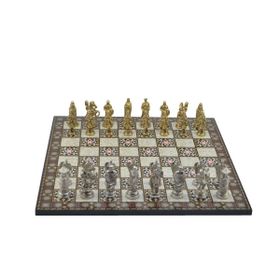 Gift Home Metal Satranç Takımı Battal Osmanlı-Bizans Parlak Kat Sedef Desenli Satranç Tahtası