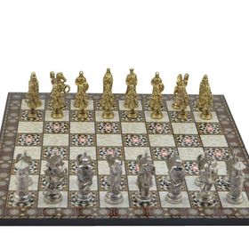 Gift Home Metal Satranç Takımı Battal Osmanlı-Bizans Parlak Kat Sedef Desenli Satranç Tahtası