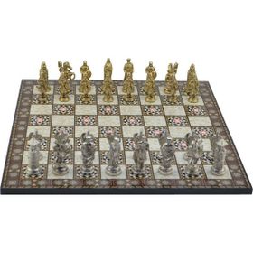Gift Home Metal Satranç Takımı Battal Osmanlı-Bizans Parlak Kat Sedef Desenli Satranç Tahtası