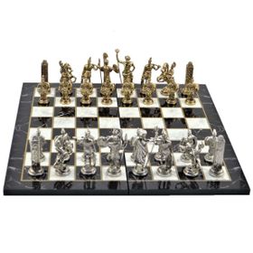 Gift Home Metal Satranç Takımı Battal Yunan Parlak Mermer Desenli Satranç Tahtası