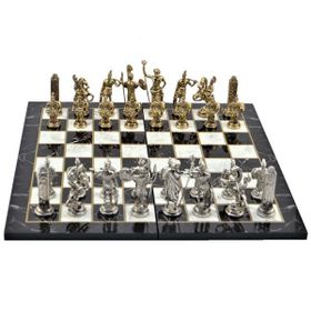 Gift Home Metal Satranç Takımı Battal Yunan Parlak Mermer Desenli Satranç Tahtası