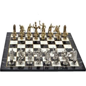 Gift Home Metal Satranç Takımı Battal Yunan Parlak Mermer Desenli Satranç Tahtası
