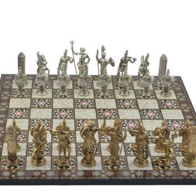 Gift Home Metal Satranç Takımı Battal Yunan Parlak Sedef Desenli Satranç Tahtası
