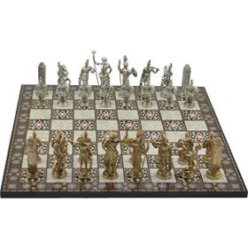 Gift Home Metal Satranç Takımı Battal Yunan Parlak Sedef Desenli Satranç Tahtası