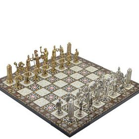 Gift Home Metal Satranç Takımı Battal Yunan Parlak Sedef Desenli Satranç Tahtası