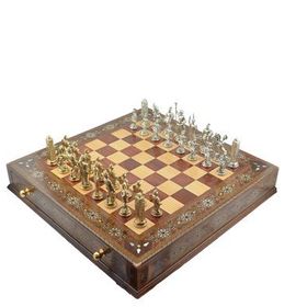 Gift Home Metal Satranç Takımı Battal Yunan Parlak Sedefli Ceviz Çekmeceli Satranç Tahtası
