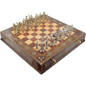 Gift Home Metal Satranç Takımı Battal Yunan Parlak Sedefli Ceviz Çekmeceli Satranç Tahtası