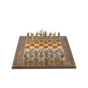 Gift Home Metal Satranç Takımı Battal Yunan Parlak ve Sedefli Gül Düz Masif Satranç Tahtası