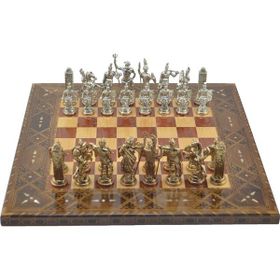 Gift Home Metal Satranç Takımı Battal Yunan Parlak ve Sedefli Gül Düz Masif Satranç Tahtası