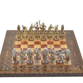 Gift Home Metal Satranç Takımı Battal Yunan Parlak ve Sedefli Gül Düz Masif Satranç Tahtası